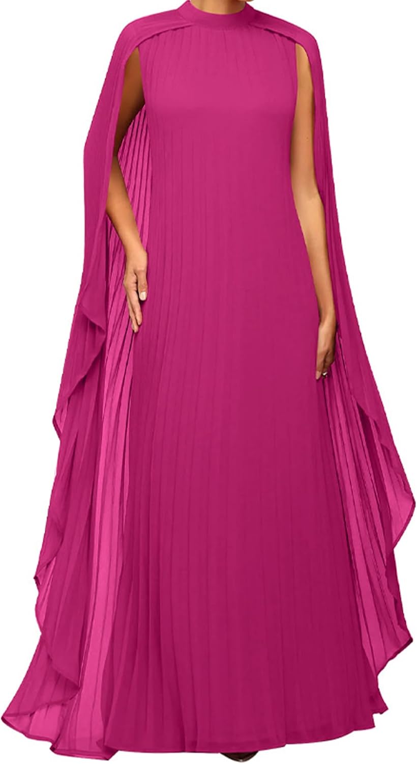 Seltaon Women's Chiffon Pleated Flowy Maxi Dresses Cape Sleeve Pleated Cocktail Evening Party Dress - Image 2