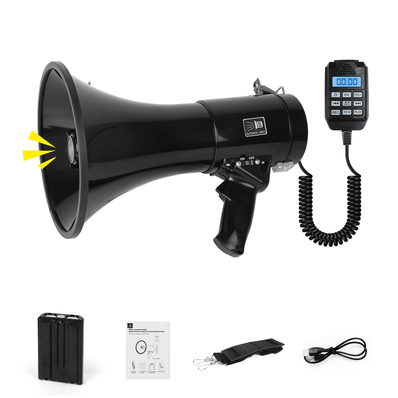 JAOGAUS Megáfono 100W con Bluetooth, Grabación, Sirena, Micrófono Externo, USB, Doble Alimentación