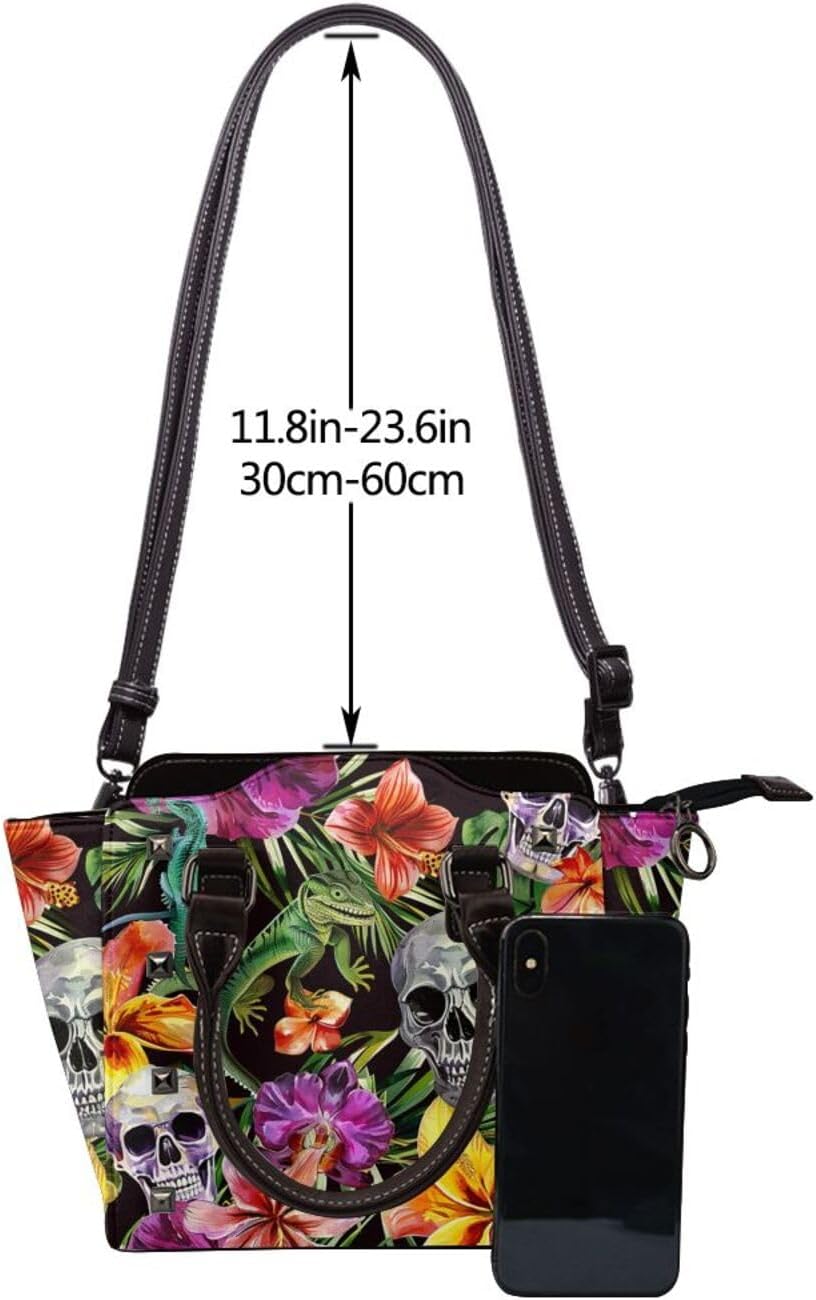 Leather Shoulder Bag for Women, Tropical Leaves Flower Studded Purse Skull Floral Crossbody Handbags Punk Hobo Bag with Adjustable Strap