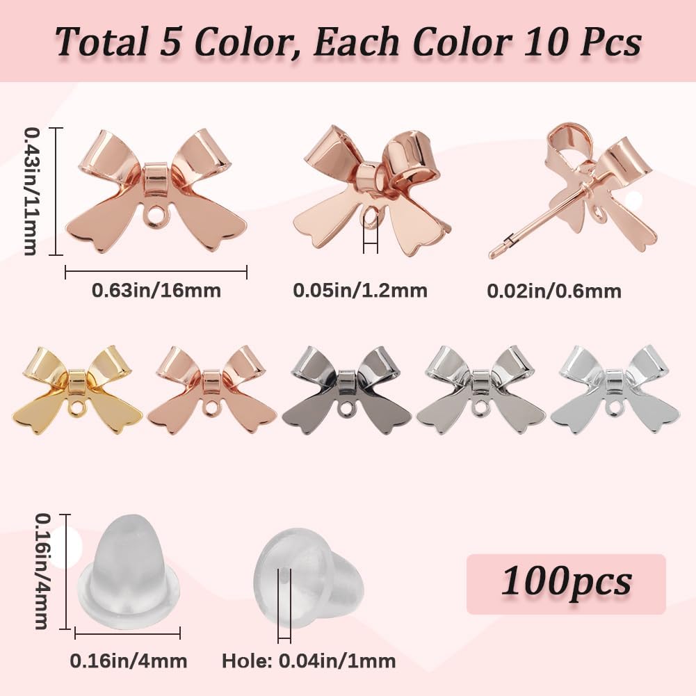 1 Box 50Pcs Bow Earring Post Bow Stud Earring Post Gold Brass Real 18k Gold Plated Earring Stud with Ear Nuts Bowknot Stud Earring Findings for Jewelry Making Earrings Supplies DIY Crafts - Image 2