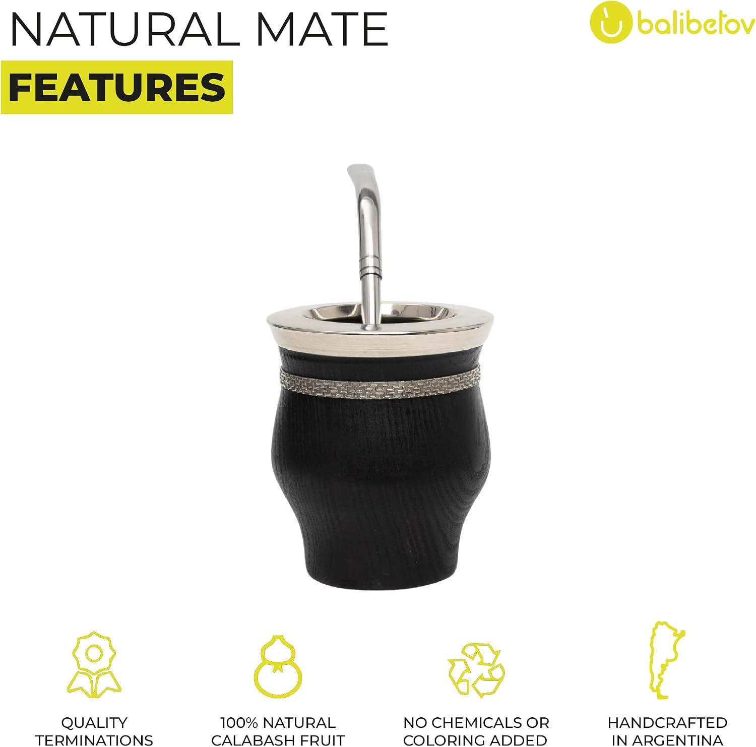 BALIBETOV Wooden Mate Gourd with Bombilla | Handmade Argentine Camionero Mate Cup | Engraved Alpaca Silver Band | Cured Black Hardwood