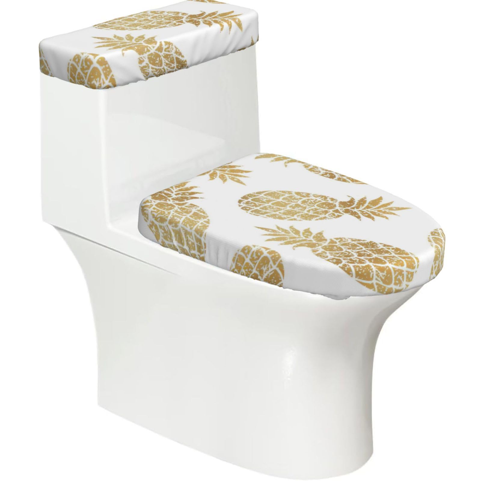 Golden Pineapple Background Print 2-Piece Stretch Toilet Cover Set, Elastic Breathable Toilet Seat and Tank Lid Protector