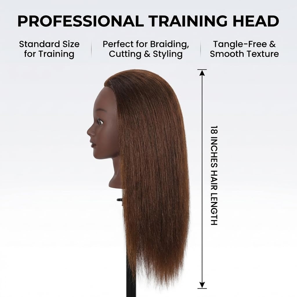 100% Real Hair Mannequin Head Training Head Manikin Cosmetology Doll Head for Hairdresser Practice Braiding Hair Styling with Clamp stand (18inch)
