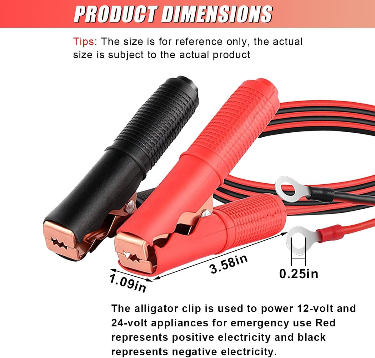 ZIMISI 2PCS Alligator Clips Booster Jumper Cable, 13 AWG 3.3FT Car Battery Jumper Cables with 6 mm Copper Terminal, 12V/24V Car Battery Charger Clips for Audio, Converter, Air Compressor
