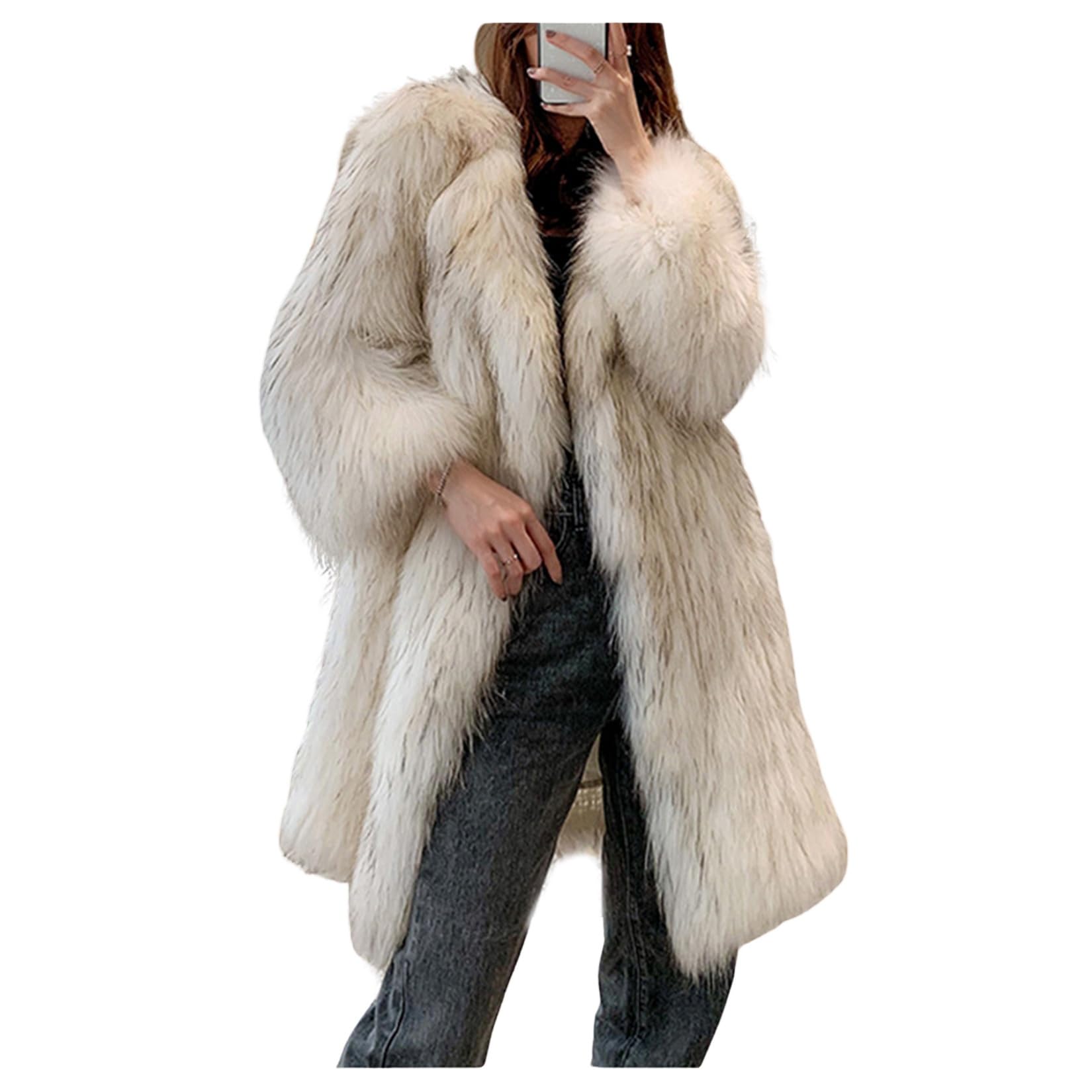 Women's Faux Fur Coat Midi Loose-fit White Faux Fox Fur Jacket