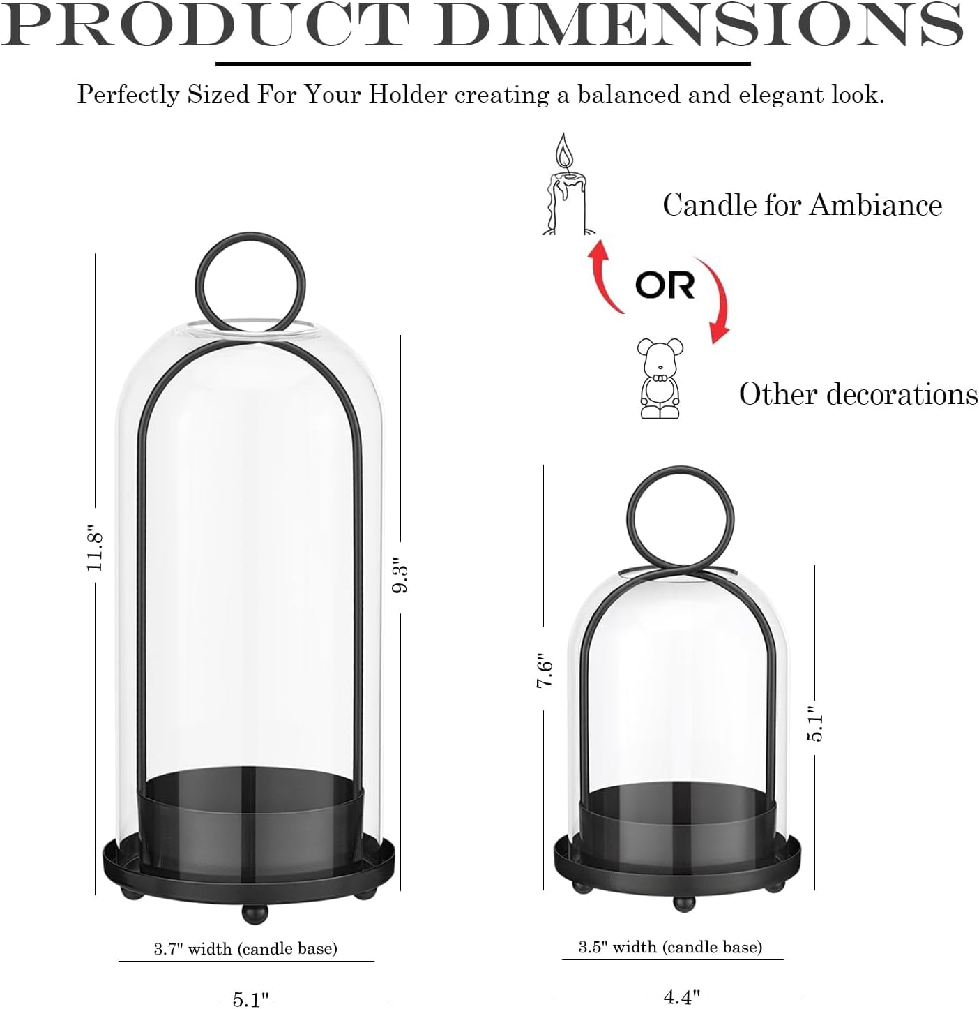 Hurricane Glass Candle Holders for Pillar Candles Set of 2 (5" & 4" Wide), Black Metal Candlestick Holders, Modern Decorative Centerpiece Lanterns for Table Mantel Wedding Housewarming Gift
