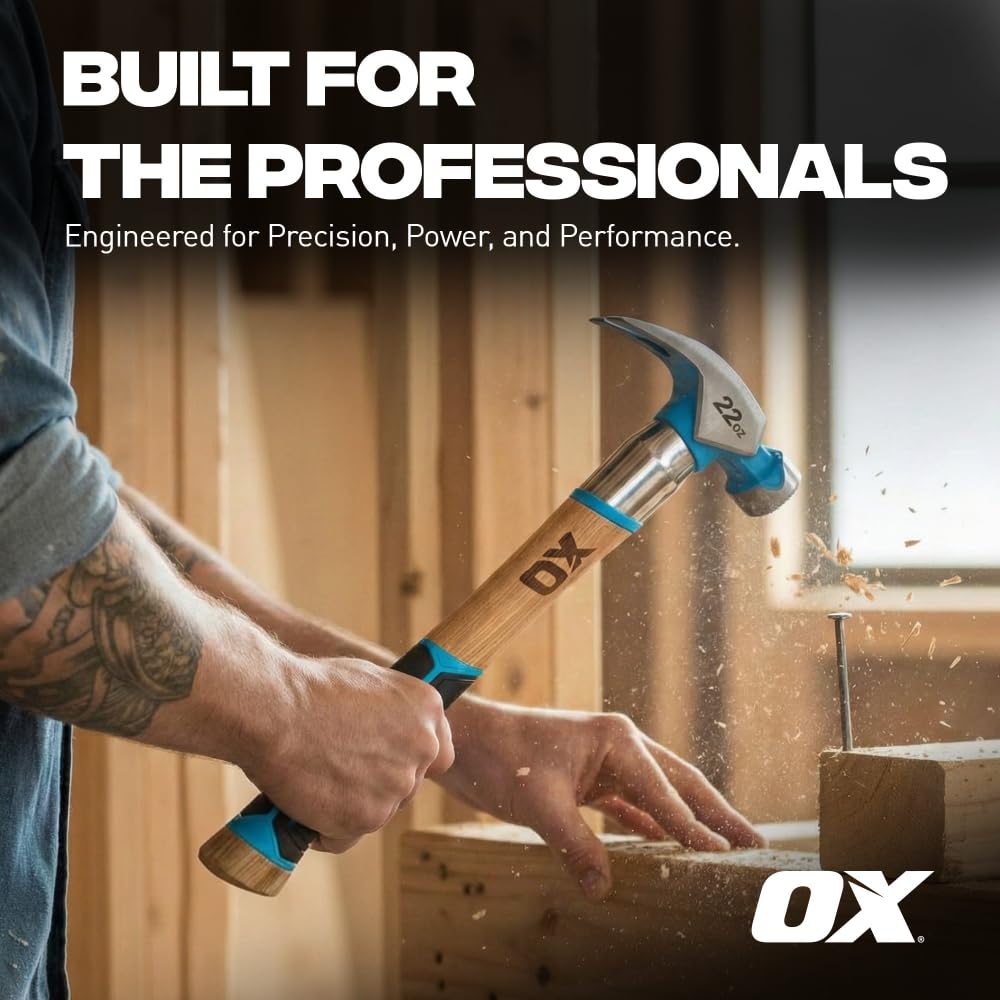OX Tools Pro - Martello da falegname con testa zigrinata, manico dritto in noce americano, impugnatura in TPR e avviatore magnetico per chiodi
