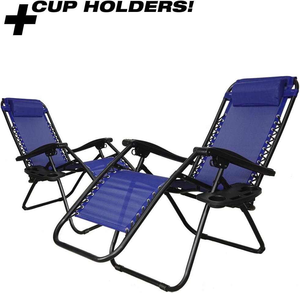 PARTYSAVING Infinity Zero Gravity Outdoor Lounge Patio Folding Reclining Chair Set of 2 APL1015 W/Cupholder (Blue)