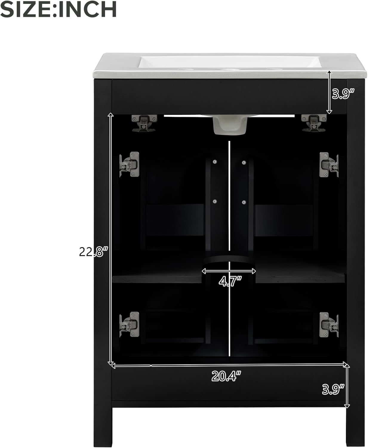 Harper & Bright Designs 24" Bathroom Vanity with Sink, Free Standing Single Basin Vanity Set with 2 Soft-Close Doors and Drawer, Modern Wooden Bathroom Cabinet with Ceramic Basin for Bathroom, Black