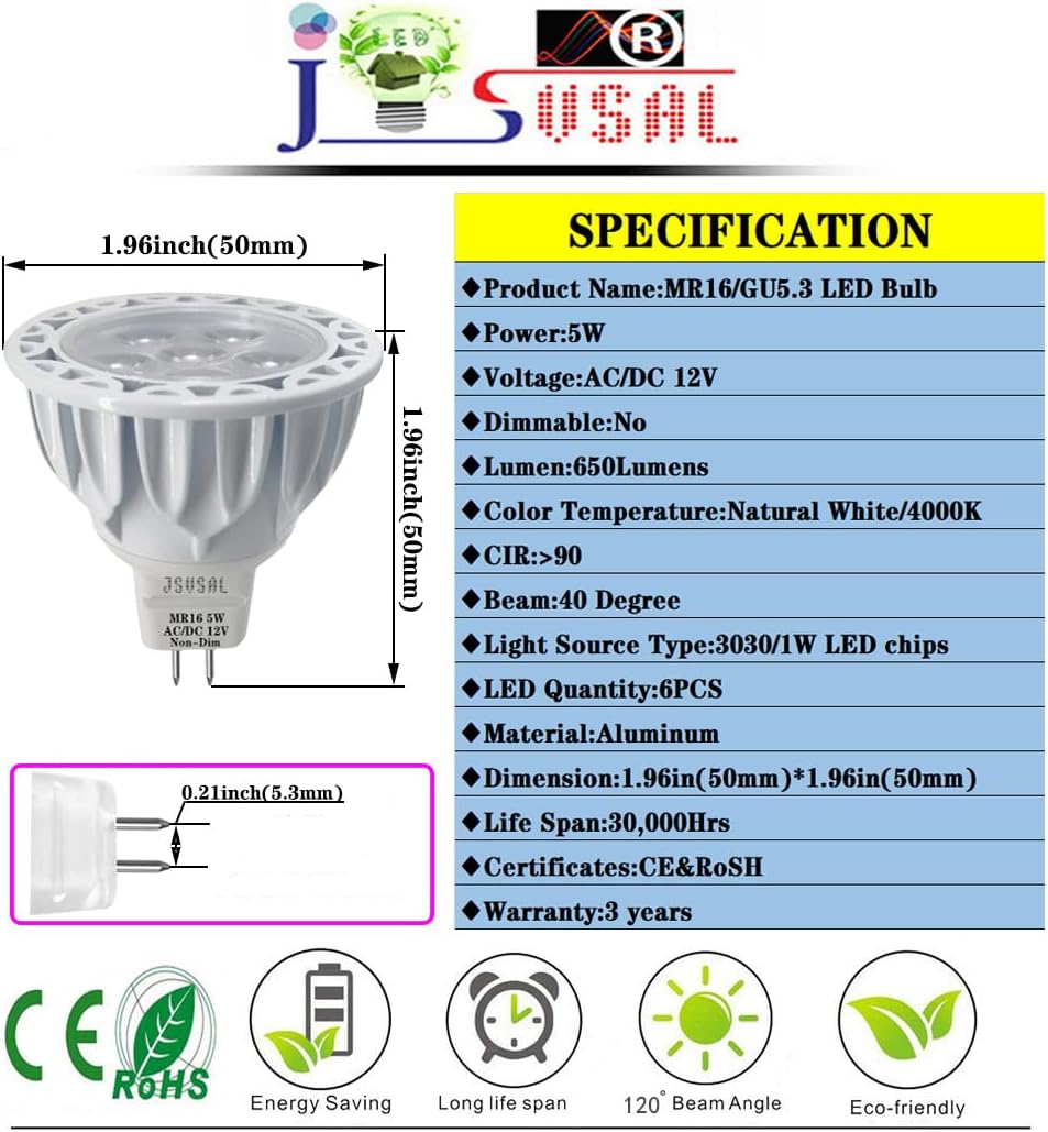 6-Pack,Non-dimmable MR16 LED Bulbs,5W 650lm 40 Degrees, Equivalent to 35-50W Halogen,Natural White 4000K 12V Low Voltage MR16 GU5.3 Spotlight Bulb for Outdoor Landscape Flood Track Lighting