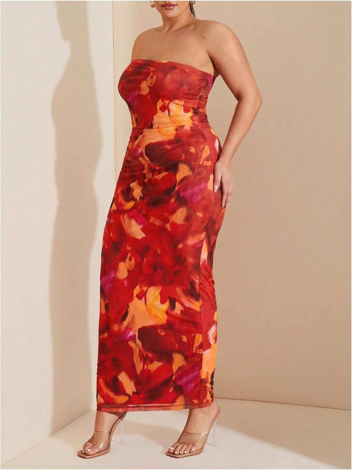 Floerns Women's Plus Size 2 Piece Outfit Flower Crop Tube Top and Maxi Skirts Set - Image 2