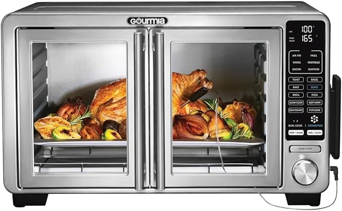 Gourmia XL digital air-fry toaster oven with single-pull french doors and large windows