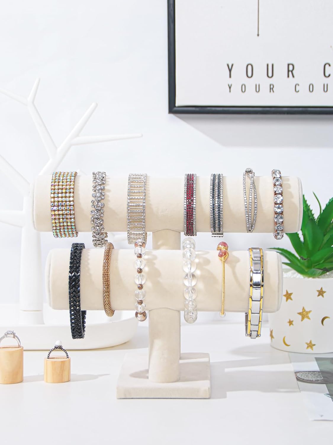 Coward 2 Tier Bracelet Holder Jewelry Display Stand, Necklace Bangle Bracelet Watch Organizer Storage Rack, Jewelry Show Tower for Women (Beige Velvet) - Image 3