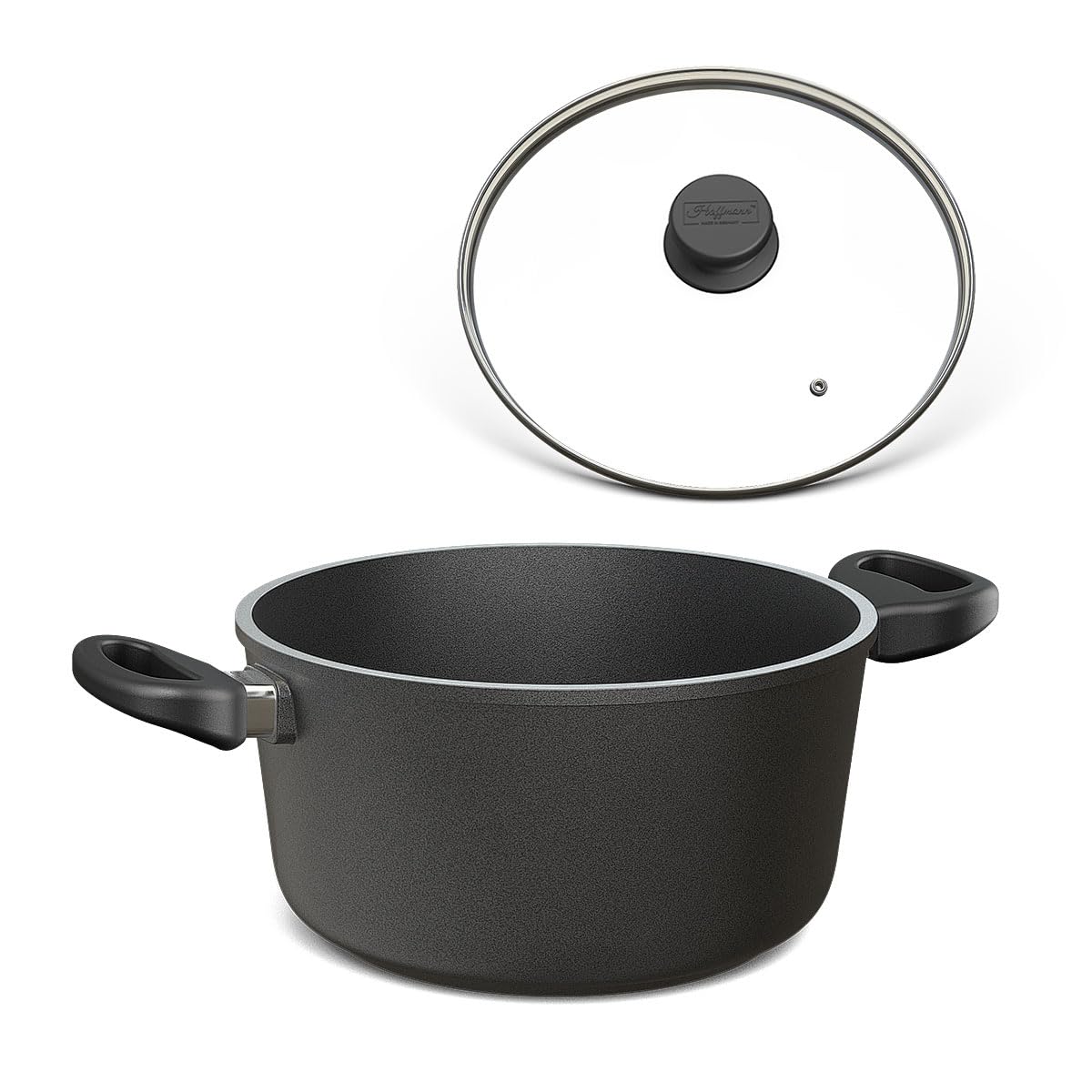 Hoffmann Kasserolle mit Glasdeckel Ø 24 cm, 4 Liter I 11 cm Innenhöhe I Servierpfanne Antihaft beschichtet Induktion I Induktionsherd I Deckel I Aluguss Induktionsgeeignet 100% Verzugsfreier Boden