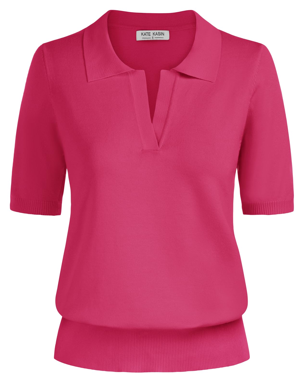Kate Kasin Women Short Sleeve Polo Sweater V Neck Knitted Tops Casual Ribbed Shirt Loose Pullover Sweater