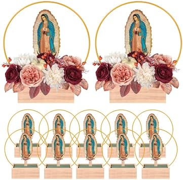 12 Pcs Our Lady of Guadalupe Wooden Table Centerpieces Virgen De Guadalupe Planter Box with Gold Metal Ring Baptism Favors for Guests Table Decor First Communion Gifts Catholic Favors