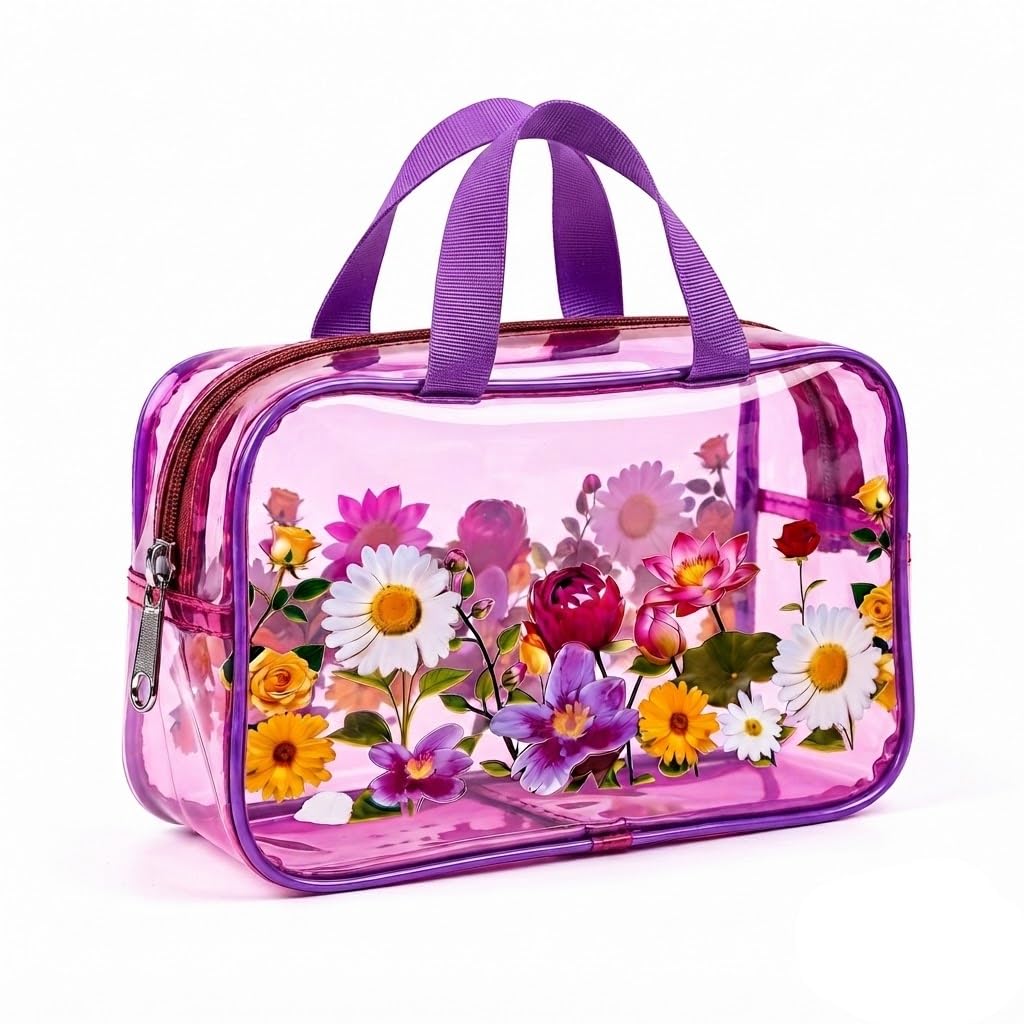 vexoria Clear PVC Cosmetic Bag, Pink Floral Print, Transparent Travel Toiletry Organiser with Zipper and Handles-picture-30