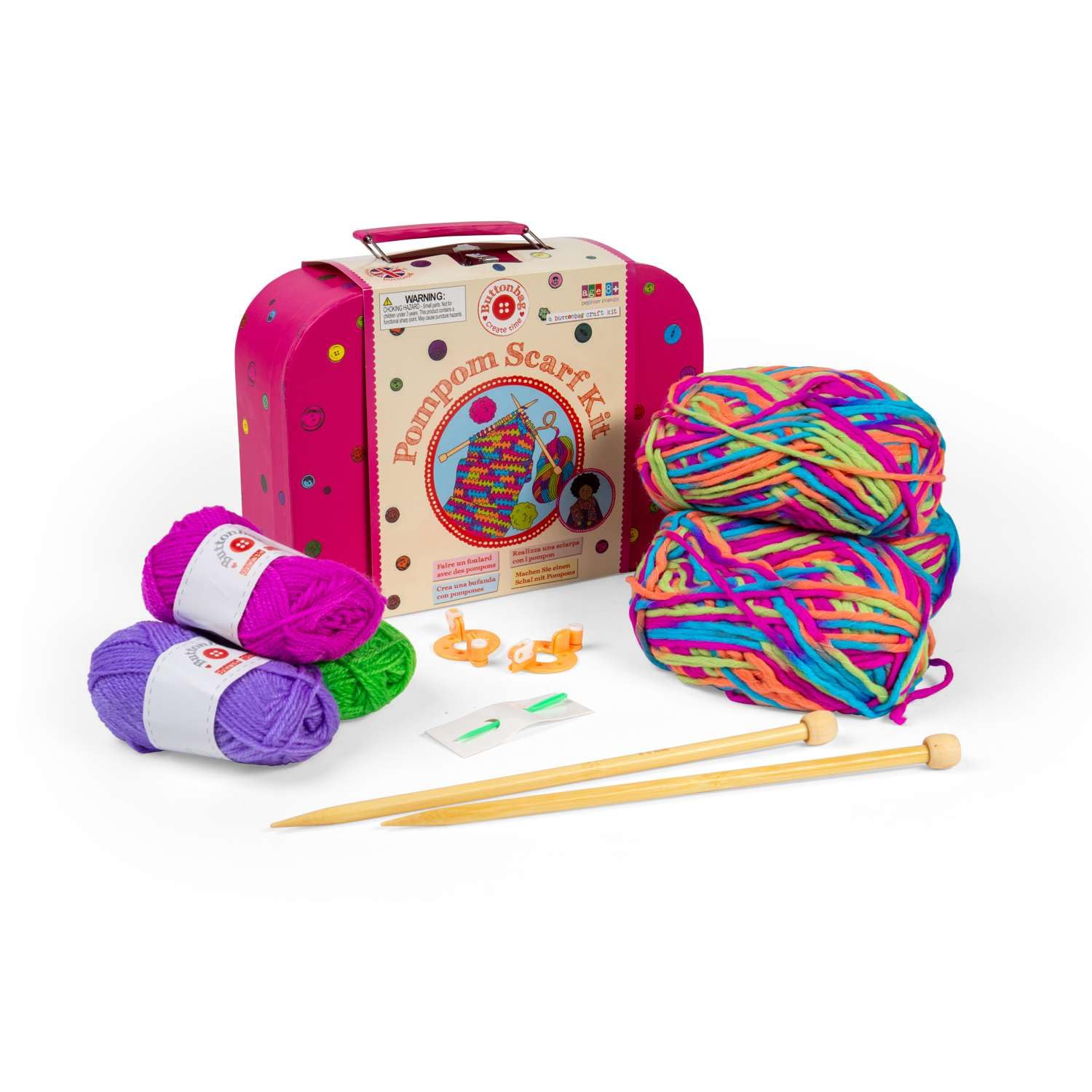 Buttonbag Girls White/Light Color Pompom Scarf Knitting Craft Kit Learn To Knit - Kids Crafts Kit - Suitable For All Levels With Simple Patterns And Full Instructions - Childrens Craft Kit With Gift Suitcase