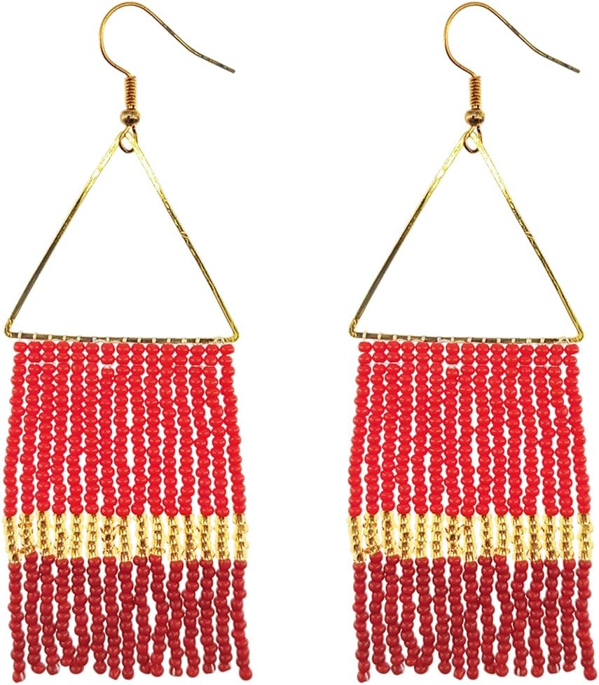 Geometric Beaded Dangle Earrings, Big Large Long Statement Seed Bead Beaded Tassel Earrings with Triangle Frame for Women