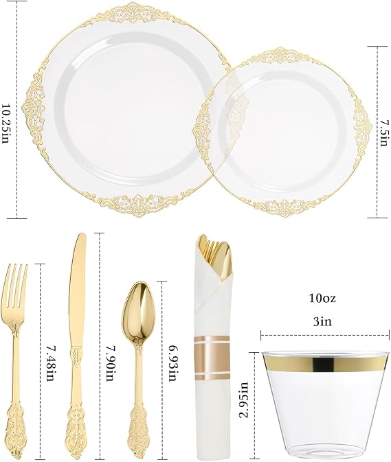 Goodluck 350 Piece Clear Gold Plastic Dinnerware Set for 50 Guests | Includes: 100 Gold Rim Plastic Plates, 150 Silverwares, 50 Pre Rolled Napkins, 50 Cups for Party, Wedding