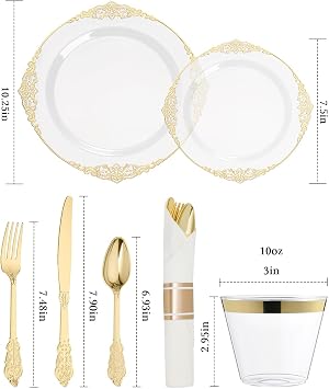 Goodluck 350 Piece Clear Gold Plastic Dinnerware Set for 50 Guests | Includes: 100 Gold Rim Plastic Plates, 150 Silverwares, 50 Pre Rolled Napkins, 50 Cups for Party, Wedding