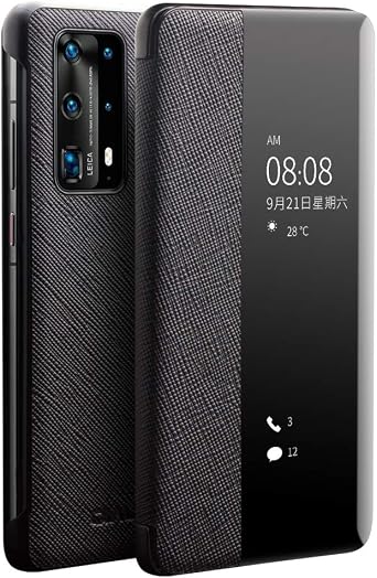 QIALINO for Huawei P40 Pro Genuine Leather Case,Handmade Flip Cover Smart Sleep Wake-up View Window Full Body Protective case for Huawei P40 Pro 6.58 inch (Black)