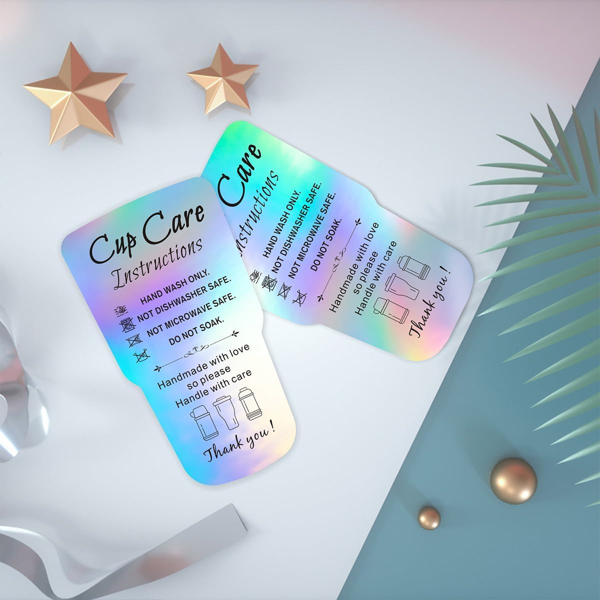 240 PCS Tumbler Care Instructions Holographic Cards Packaging Customer Direction Card for Tumbler, Cup, 3.5 x 2 InchMug Small Business Online Shop Owner thumbnail
