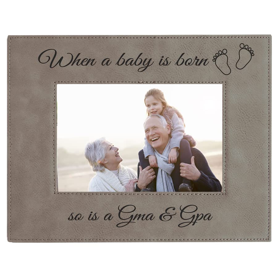 CustomGiftsNow When a Baby is Born so is a Gma & Gpa Laser Engarved Faux Leather Grey Leatherette Wall Hanging/Tabletop 8x10 Landscape Picture Group Family New Grandchild Baby Photo Frame