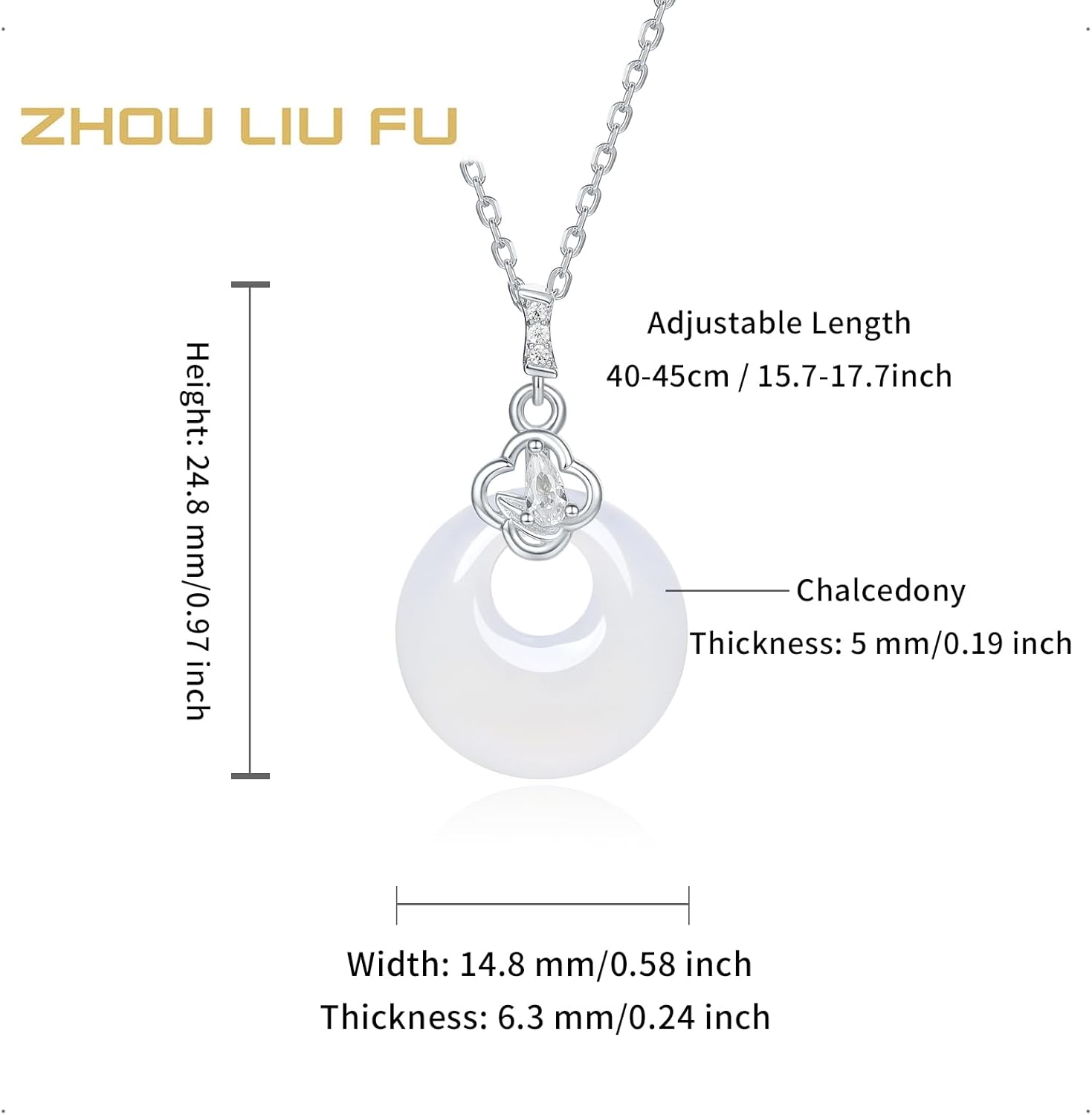 Sterling Silver Pendant Necklace White Chalcedony Peace Buckle Blessing Necklace Cubic Zircon Necklace for Women Mom Lover Birthday Aniversary 15.7-17.7Inch/40+5cm - Image 2