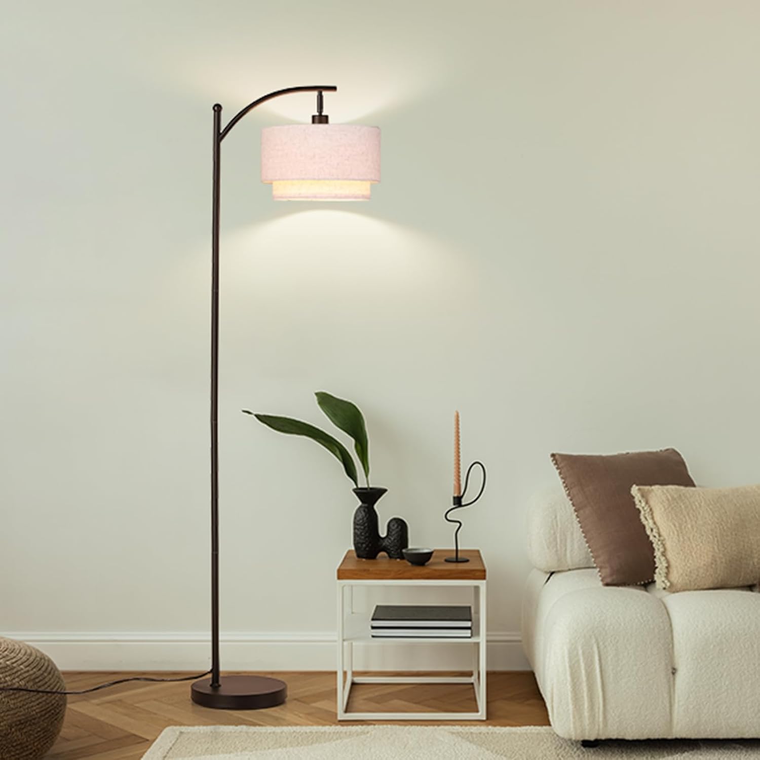 SUNMORY Floor Lamps for Living Room, Arc Floor Lamp with 12W 3 Color Temperatures LED Bulb, Modern Floor Lamps with Adjustable Double Fabric Shades, Tall Standing Lamp for Bedroom, Corner