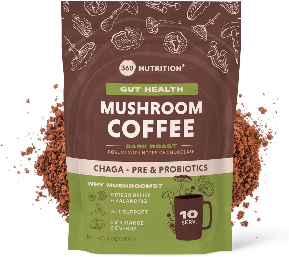 360 Nutrition Instant Mushroom Coffee with Chaga Superfood Mushroom and Prebiotics, Probiotics for Gut Health, and Focus Support | Dark Roast, No Added Sugar 5 oz (Gut Blend)