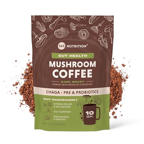 360 Nutrition Café instantáneo de hongos con setas y prebióticos Chaga superalimento, probióticos para la salud intestinal y apoyo al enfoque,