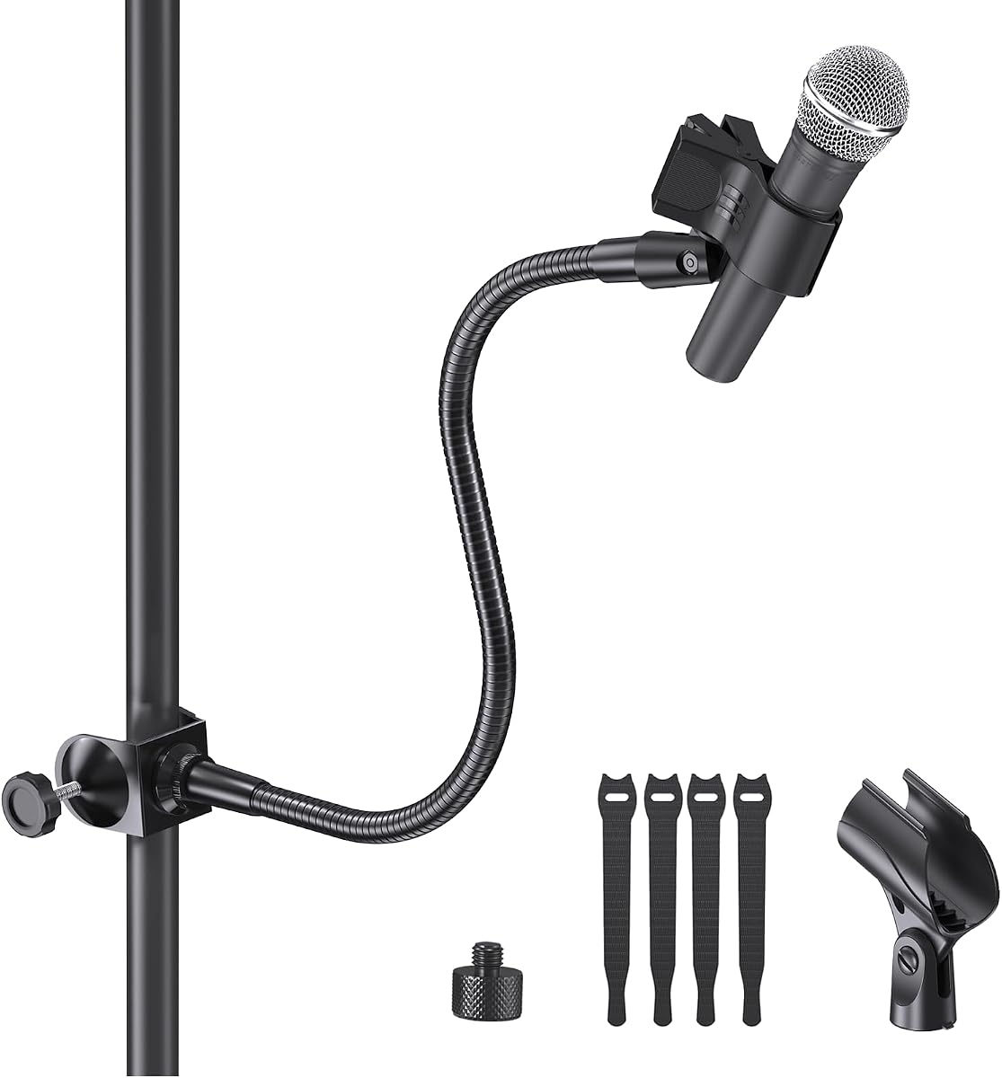 19-In Gooseneck Mic Holder Stand, Clip on Mic Stand with Super Crab Clamp | 5/8-3/8 Adapter, Compatible with Shure, Pyle, Blue Snowball, Razer, Flexible Mic Arm Mount for Music Performance, Sturdy Clip
