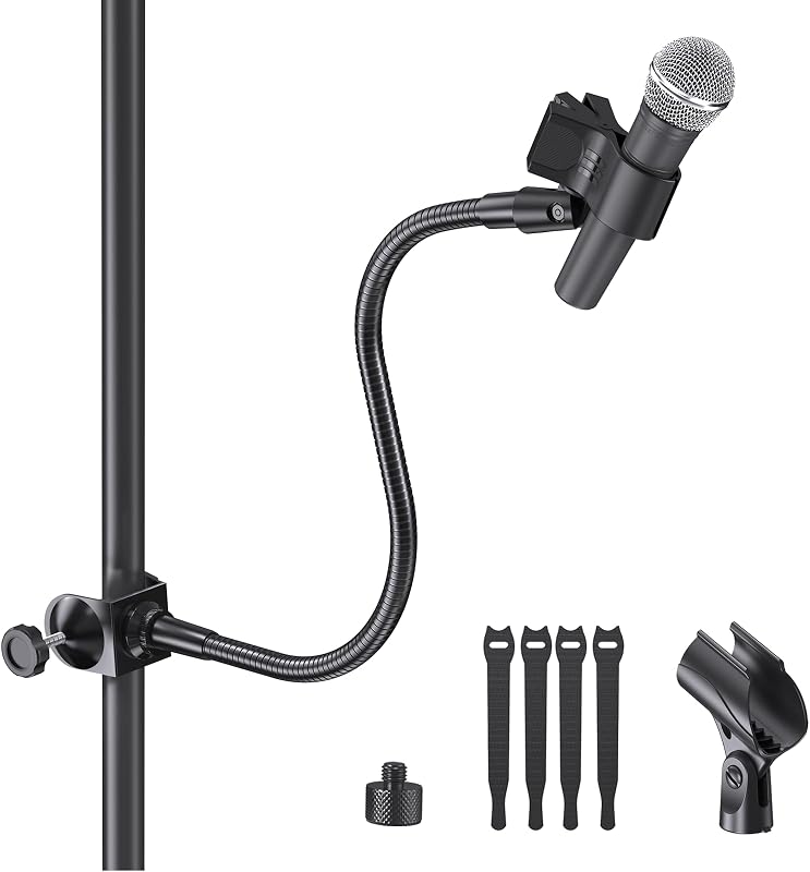 19-In Gooseneck Mic Holder Stand, Clip on Mic Stand with Super Crab Clamp | 5/8-3/8 Adapter, Compatible with Shure, Pyle, Blue Snowball, Razer, Flexible Mic Arm Mount for Music Performance, Sturdy Clip