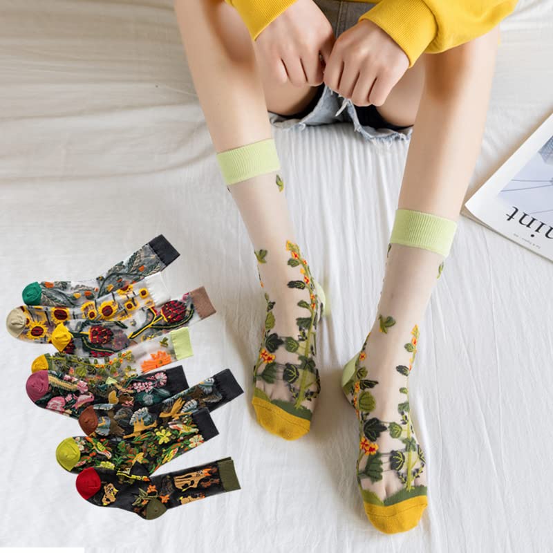 Alafime 8 Pairs Sheer Socks for Women Vintage Embroidered Floral Socks Coquettish Aesthetic Mesh Socks Y2K Fulle Socks3