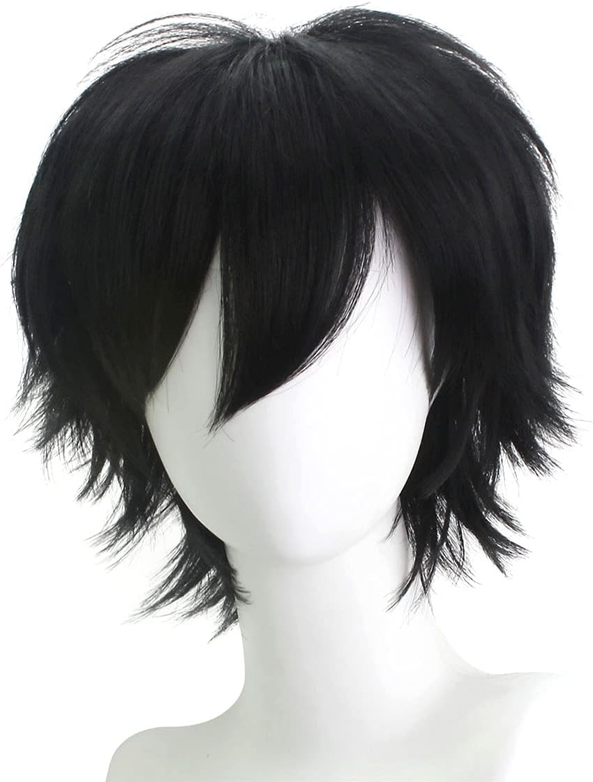 Alibuy13 Inch Black Short Straight Curly Anime Cosplay Wigs with Bang for Men's Costume Wigs Halloween Party