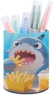 Round Funny Shark Eat French Fries Pen Holder for Desk Storage Remote Brush | Smooth PU Leather Surface, Professional Pencil Cup Case Box, Desktop Organizer, for Stationery Office Supply Daily Essentials
