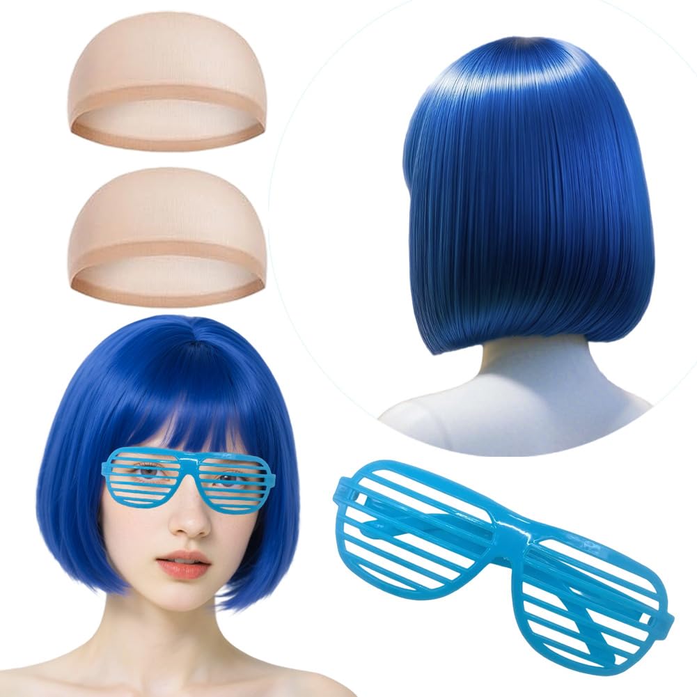 SWZY Short Bob Wig For Women,4pcs Blue Bob Wigs With Sunglasses And Wig Cap,Fancy Dress Short Synthetic Bangs Wigs For Women Natural Looking For Daily Use