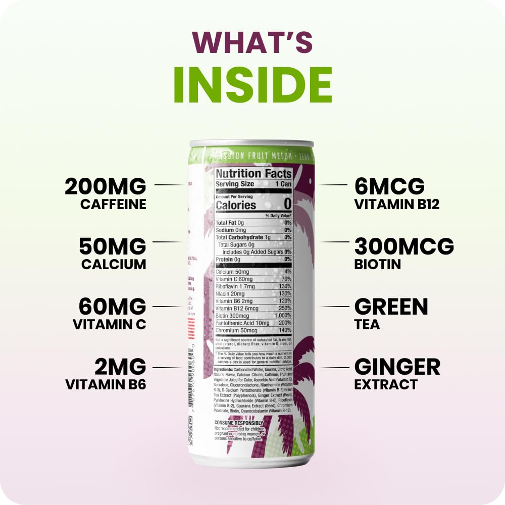 FitTea Healthy Energy Drink 12 Fl Oz - Passionfruit Melon Sparkling Refresher (12 Pack) Natural Green Tea Energy Drinks Sugar Free