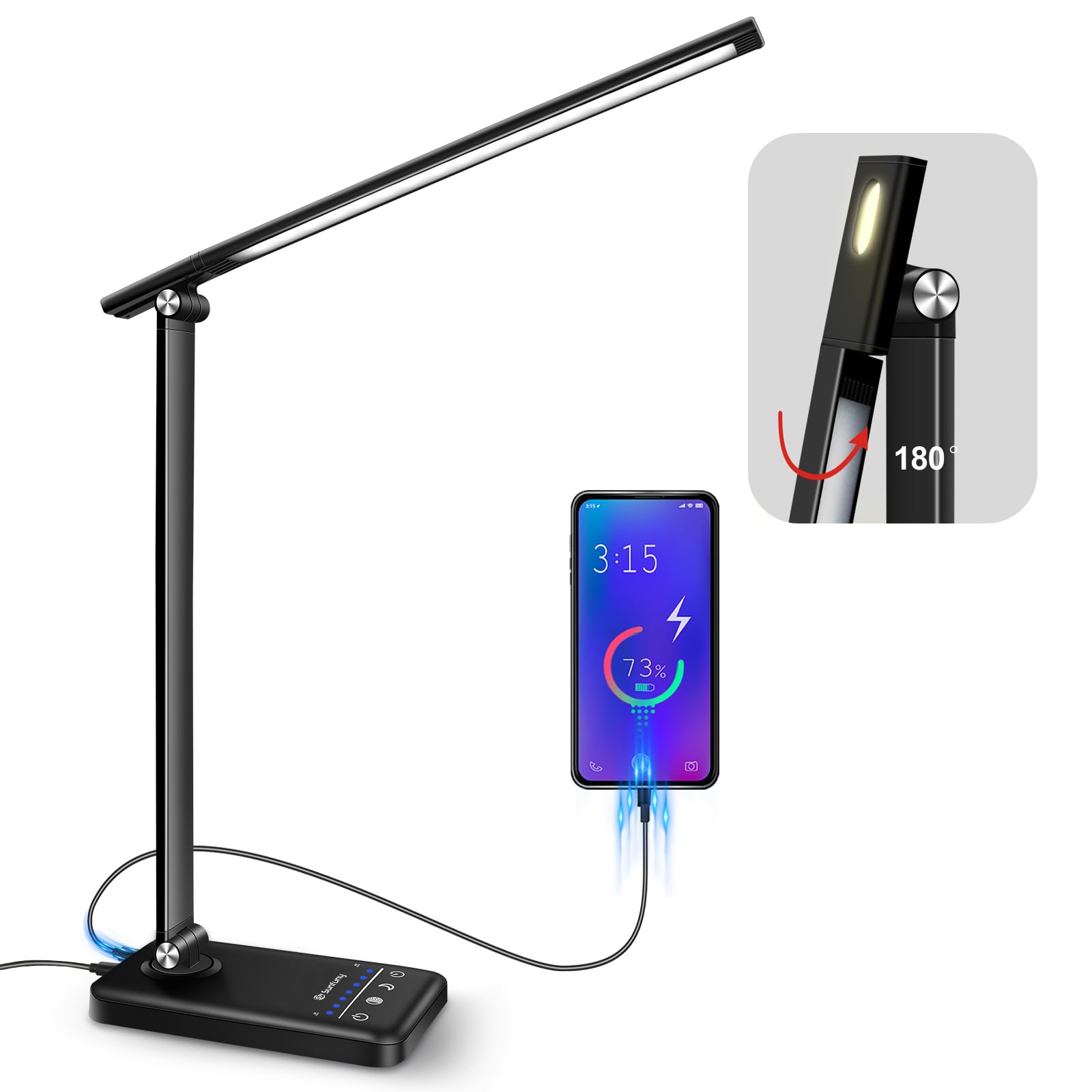 LED Desk Lamp, Battery Operated Cordless Table Lamp with 35 Adjustable Light, USB Charging Port, Nightlight & Memory Function, Rechargeable Wireless Desk Light for Home, Office, Bedroom,Reading(Black)