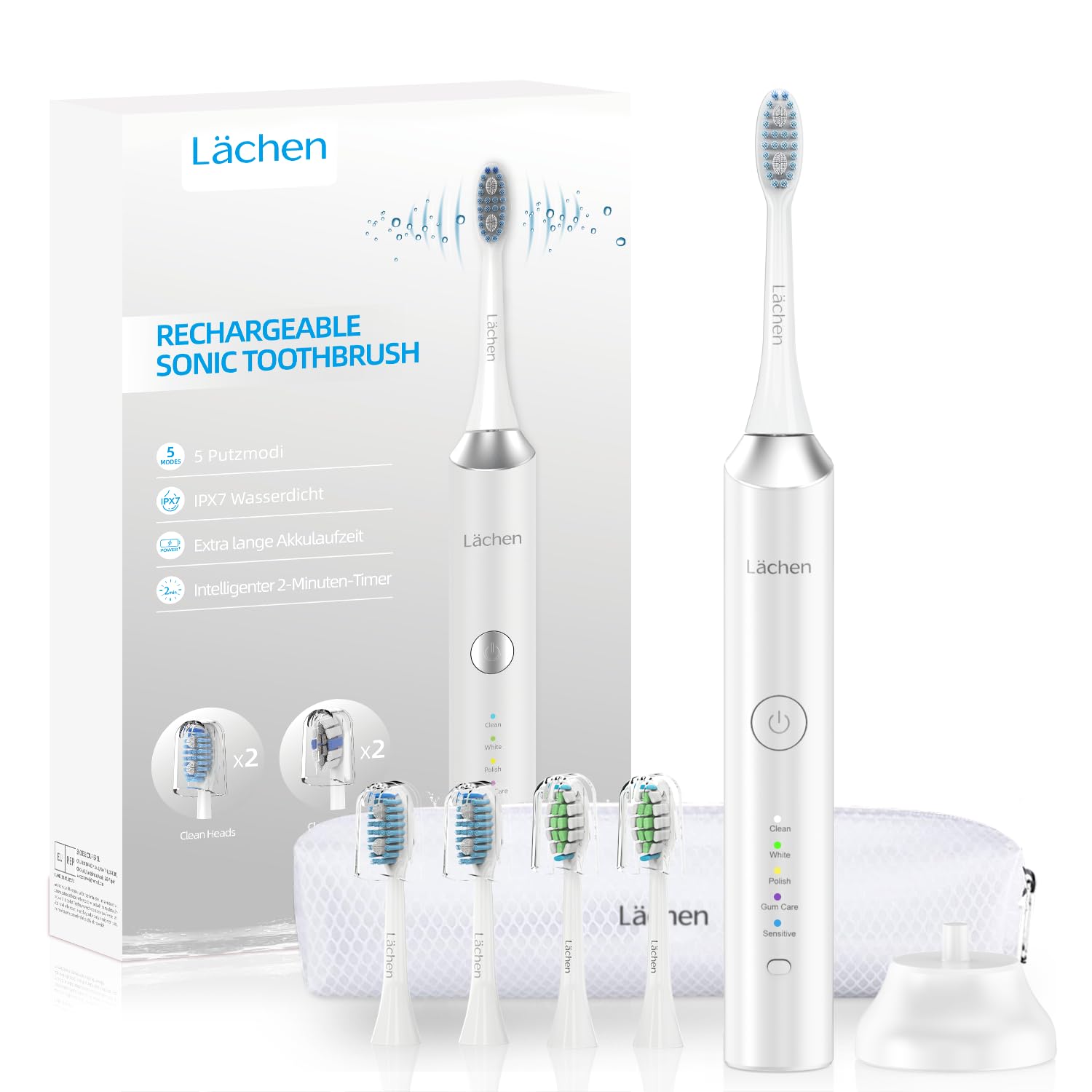 Lächen Cepillo de dientes eléctrico sónico, 5 modos, cepillo de dientes eléctrico sónico con estuche de viaje, 4 cabezales, carga USB para 60 días, temporizador, IPX7, resistente al agua, color blanco