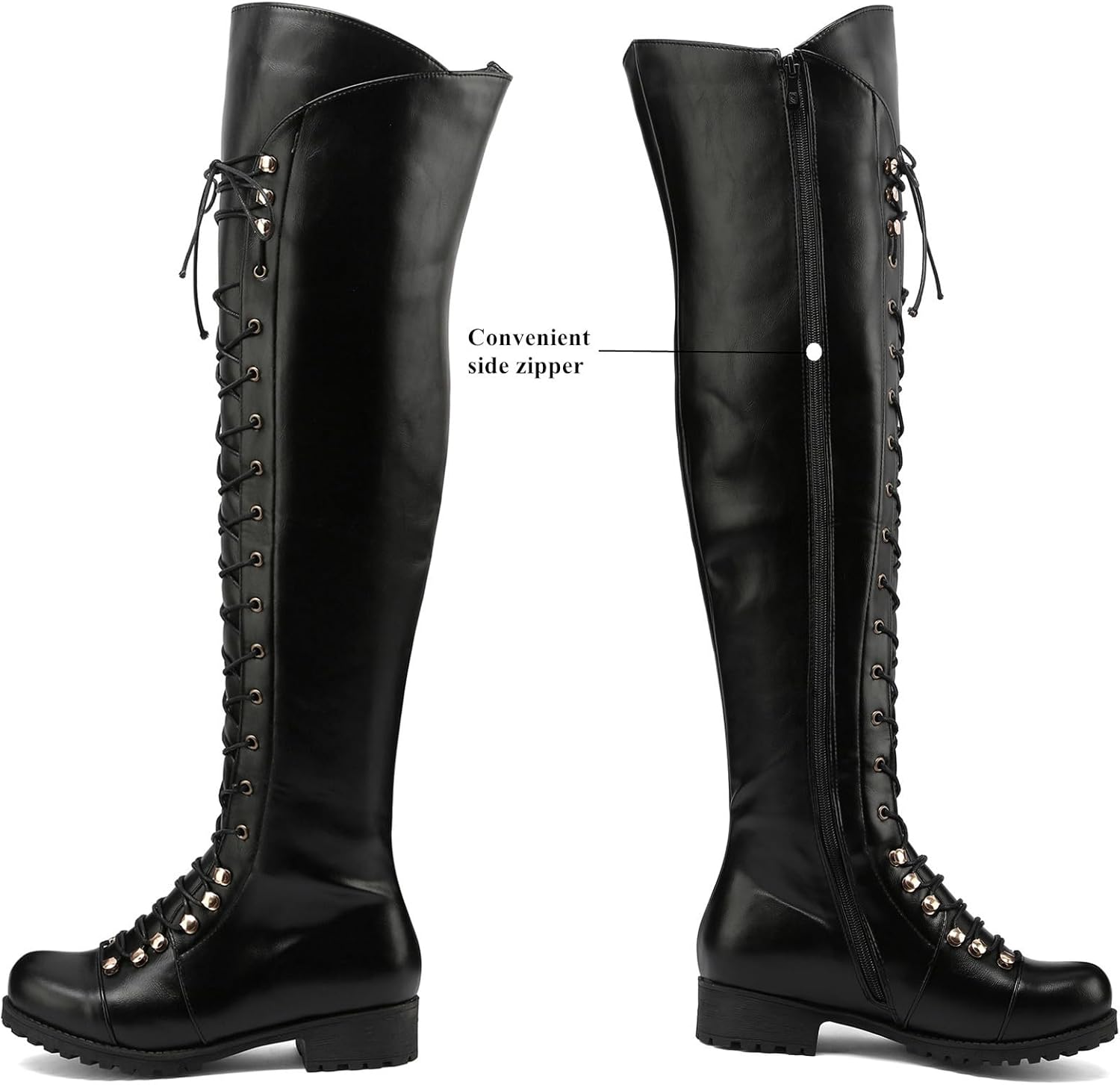 DADAWEN Women's Over The Knee Boots Square Toe Thigh High Boots with Side Zipper Lace Up Fashion Combat Boots Low Heel Fall Long Tall Boots for Women