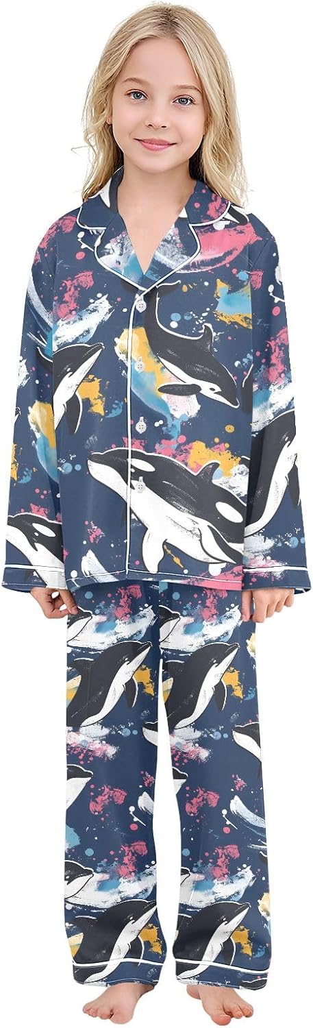 Kids Casual Satin Wear Set Black Dolphin Watercolor Pattern Unisex Relaxed Fit Clothing