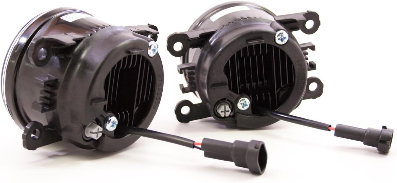 Takaosa view of two fog lights, showing heat sinks and wiring connectors