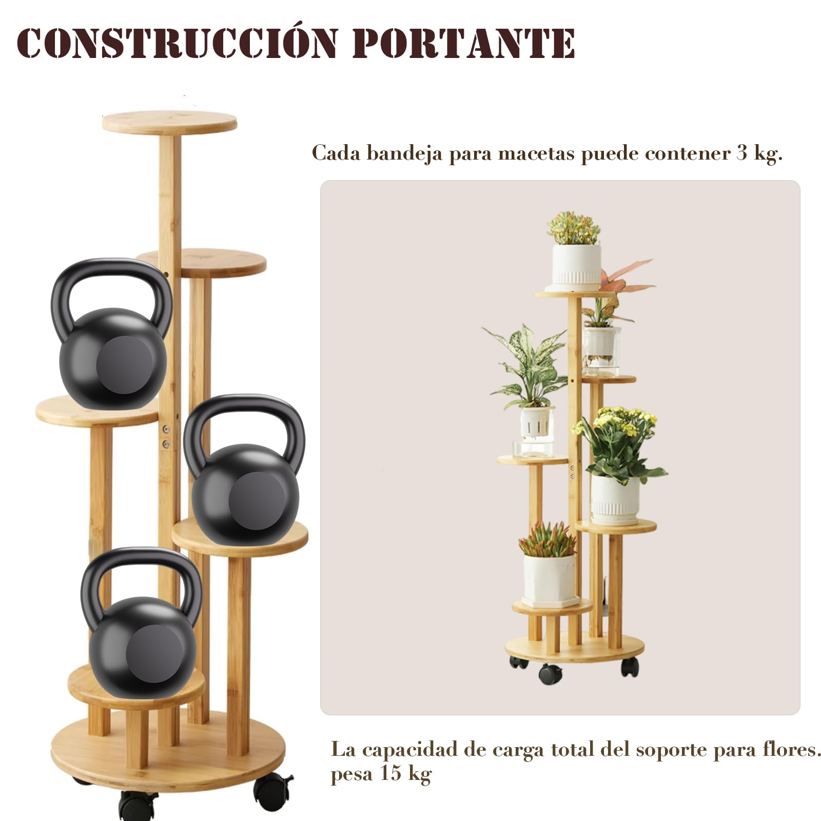 Soporte para flores de bambú con ruedas, 5 niveles, 90 cm, estantería esquinera de madera para plantas, para balcón y exterior, chasis de 33 cm de diámetro