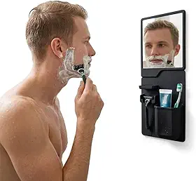 Espelho Portátil para Barbear com Suporte Flexível em Silicone Preto e Fixação Sem Furo