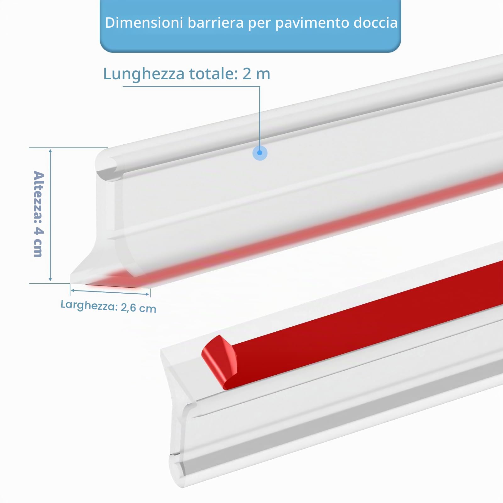 Fentar Barriera per pavimento della stanza umida da 2 m, paraspruzzi autoadesiva, barriera d'acqua in gomma, barriera d'acqua per la soglia della doccia, striscia di tenuta flessibile per schermo