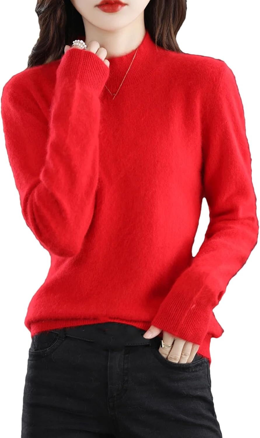 Women's 100% Wool Knit Sweater Mock Neck Solid Color Long Sleeve Fuzzy Top Winter Soft Warm Pullover Jumper