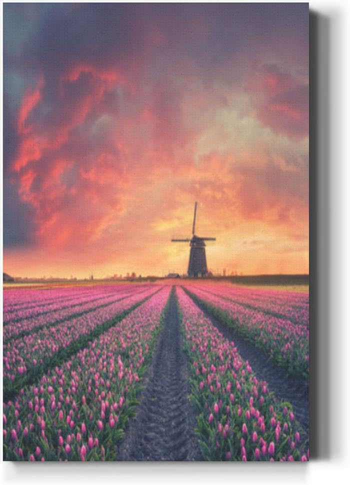 Large Wall Art Decor Dawn over Field Tulip and Windmill Vertical Pictures Framed Canvas Wall Art for Living Room Bedroom Bathroom Artwork Paintings Kitchen 36x24