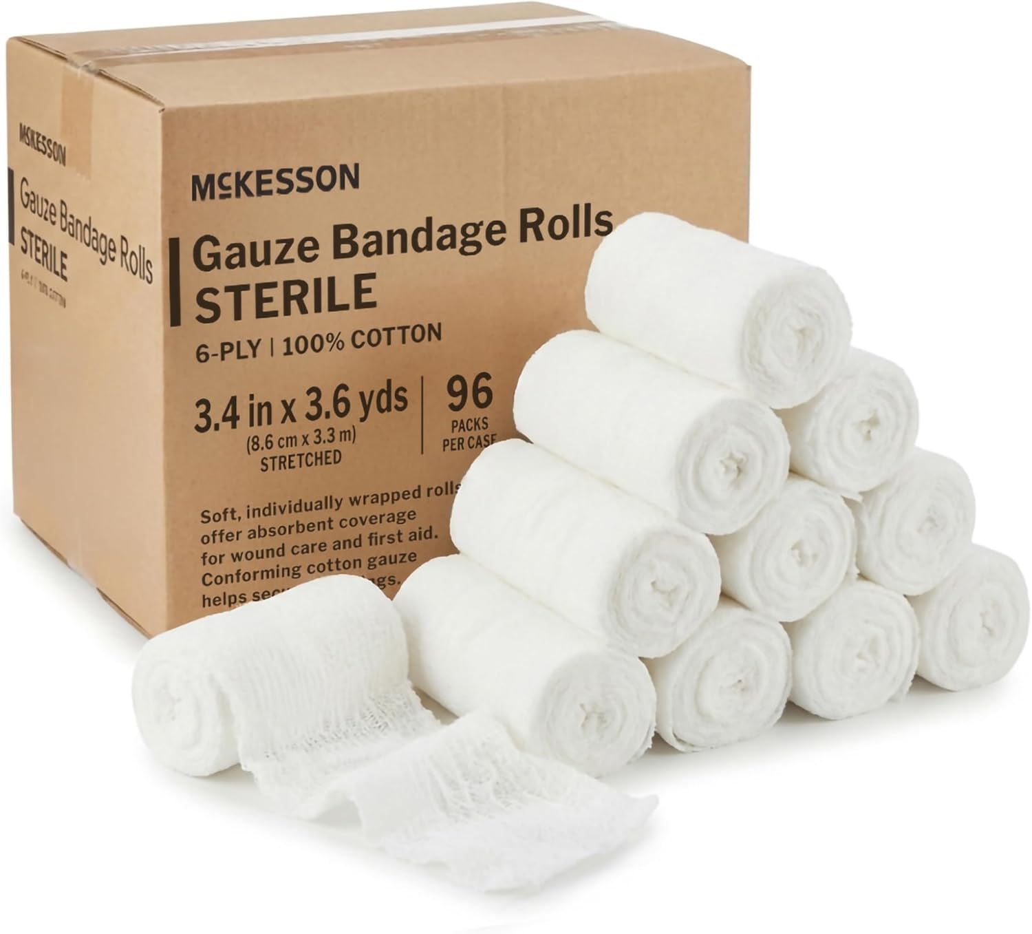 McKesson 100 Pack Sterile Gauze Roll Bandages, 4.5 in x 4.1 Yards, 6-ply Premium Medical Supplies & First Aid Supplies, Bandage Wrap Vet Wrap